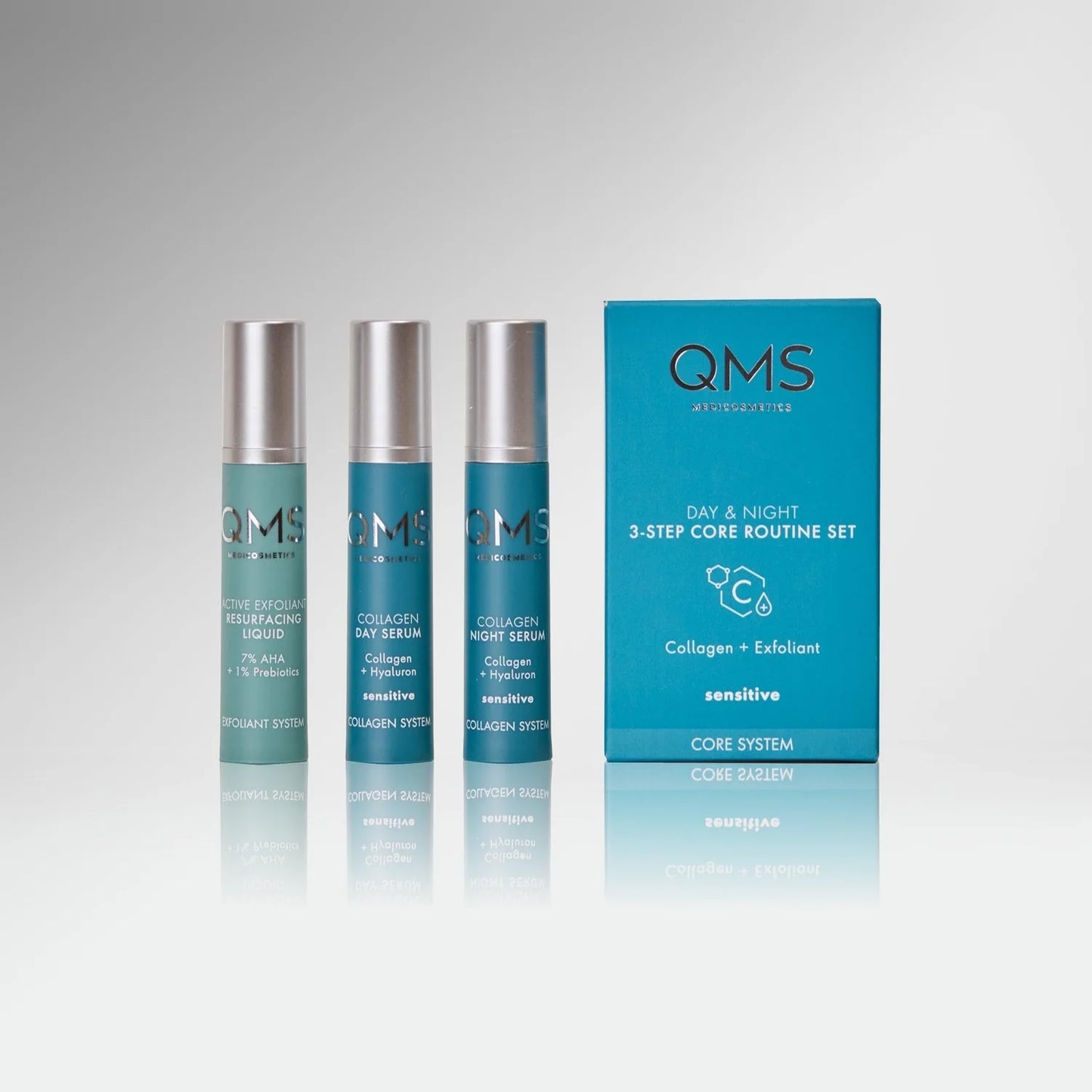 Day & Night Collagen 3-Step Core Routine Set Sensitive – QMS (3 x 7 ml travelsize)